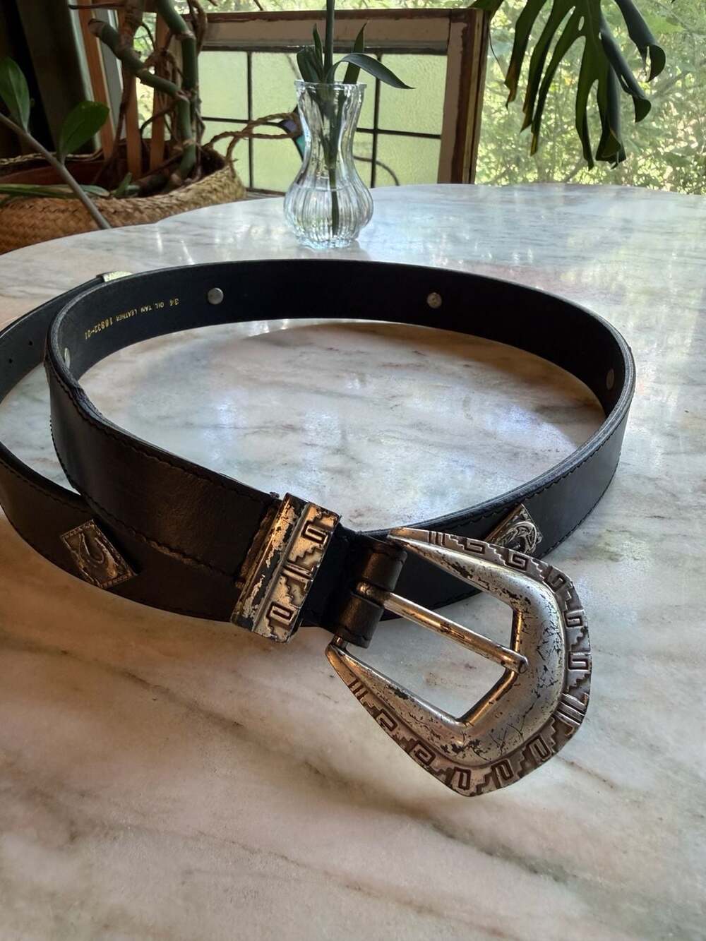 Western Style Concho Belt with Silver tone Hardware and Oil Tan Leather